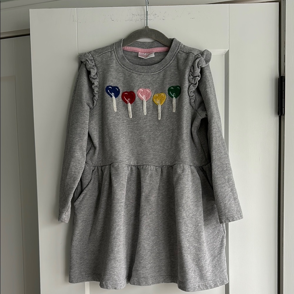 Hanna Andersson size 6-7 gray sweatshirt dress with heart Lollipop Design